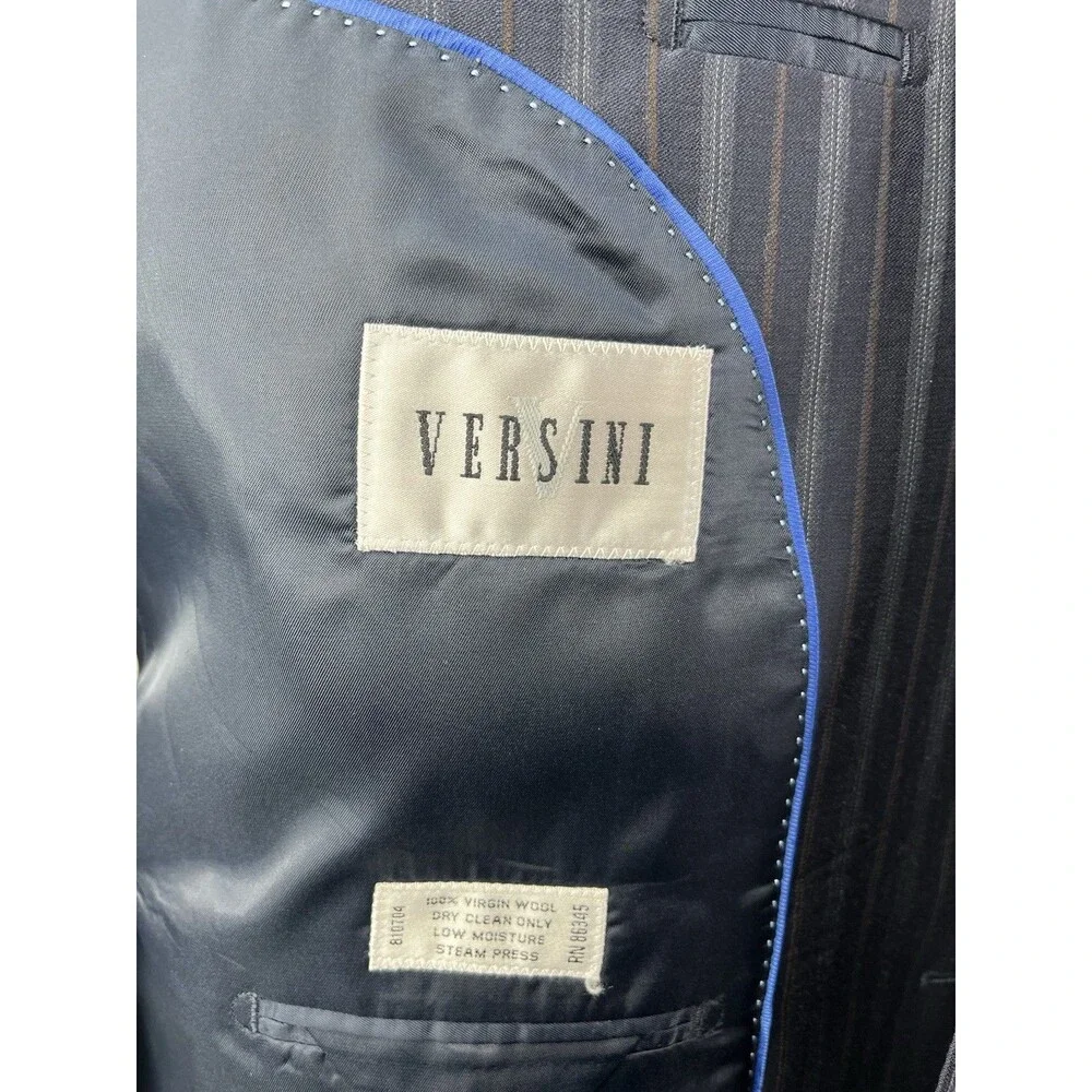 VERSINI European Men Suit 46R 40x31 Navy Striped 100% Wool Jacket Pants Set